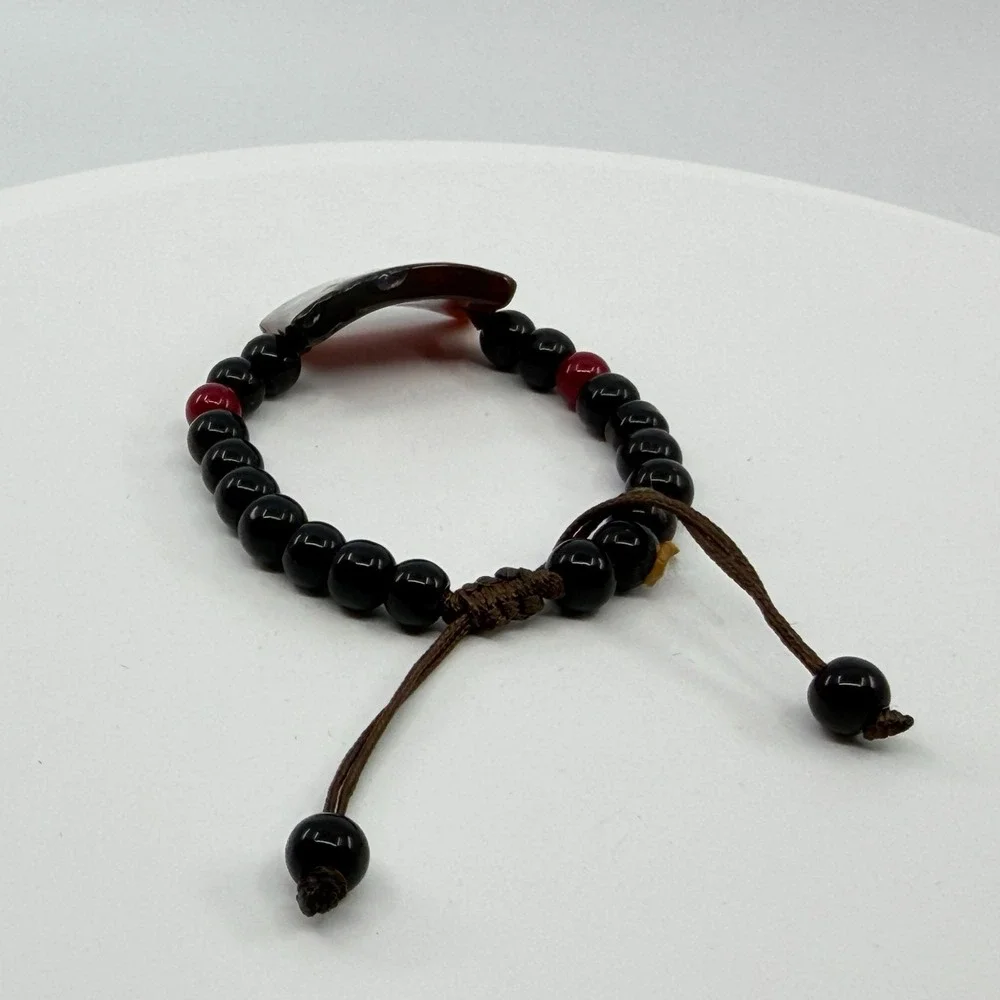 Hand Painted Butterfly Bracelet Black Red Beaded Adjustable Boho Artisan Gift
